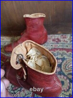 Rare Antique Early Primitive Red Leather High Top Button Child Shoes 6 Good