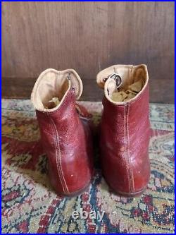 Rare Antique Early Primitive Red Leather High Top Button Child Shoes 6 Good