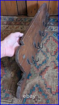 Rare Antique Early Primitive Wood 9 Metal Hook Game Fowl Peg Rack Board 33
