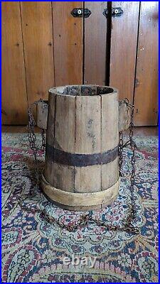 Rare Antique Early Primitive Wood Attic Surface Grease Well Bucket withChain 10