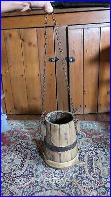 Rare Antique Early Primitive Wood Attic Surface Grease Well Bucket withChain 10