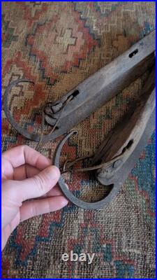 Rare Antique Early Primitive Wood Forged Curled Ice Skates 12.75