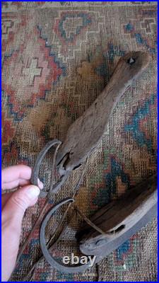 Rare Antique Early Primitive Wood Forged Curled Ice Skates 12.75