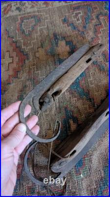Rare Antique Early Primitive Wood Forged Curled Ice Skates 12.75