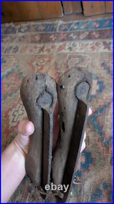 Rare Antique Early Primitive Wood Forged Curled Ice Skates 12.75