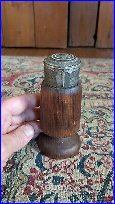 Rare Antique Early Primitive Wood Treen Metal Tin Match Safe Holder 5 Patina