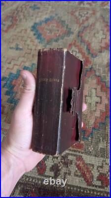 Rare Antique Early Red Leather Pocket Size 1849 Holy Bible Book with Hasp 5.75