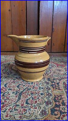 Rare Antique Early Stoneware Yellowware Mocha Pitcher Brown Stripe Crock 7.5