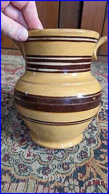 Rare Antique Early Stoneware Yellowware Mocha Pitcher Brown Stripe Crock 7.5