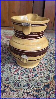 Rare Antique Early Stoneware Yellowware Mocha Pitcher Brown Stripe Crock 7.5