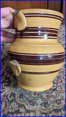 Rare Antique Early Stoneware Yellowware Mocha Pitcher Brown Stripe Crock 7.5