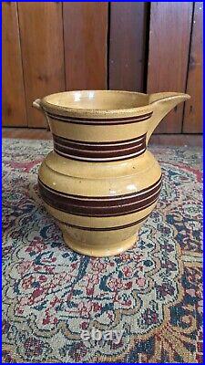 Rare Antique Early Stoneware Yellowware Mocha Pitcher Brown Stripe Crock 7.5