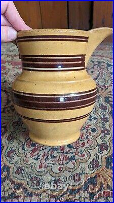 Rare Antique Early Stoneware Yellowware Mocha Pitcher Brown Stripe Crock 7.5