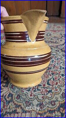 Rare Antique Early Stoneware Yellowware Mocha Pitcher Brown Stripe Crock 7.5