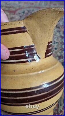 Rare Antique Early Stoneware Yellowware Mocha Pitcher Brown Stripe Crock 7.5