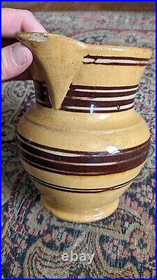 Rare Antique Early Stoneware Yellowware Mocha Pitcher Brown Stripe Crock 7.5