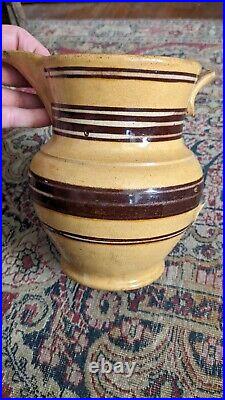 Rare Antique Early Stoneware Yellowware Mocha Pitcher Brown Stripe Crock 7.5