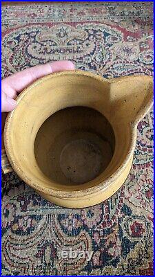 Rare Antique Early Stoneware Yellowware Mocha Pitcher Brown Stripe Crock 7.5