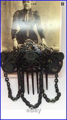 Rare Antique Early Victorian Large Faux Tortoise Shell Carved Mourning Hair Comb