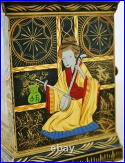 Rare Antique English 8 Day Black Lacquered Chinoiserie Timepiece Mantel Clock