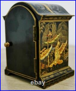 Rare Antique English 8 Day Black Lacquered Chinoiserie Timepiece Mantel Clock