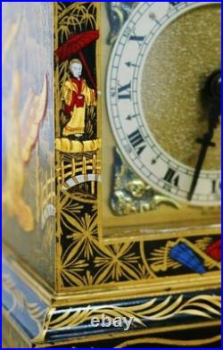 Rare Antique English 8 Day Black Lacquered Chinoiserie Timepiece Mantel Clock