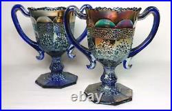 Rare Antique Fenton Carnival Glass Blue Loving Cup Pair'Orange Tree' VGC c1920