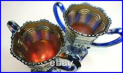 Rare Antique Fenton Carnival Glass Blue Loving Cup Pair'Orange Tree' VGC c1920