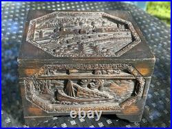 Rare Antique Folk Art Hand Carved Box Early Transportation Scenes