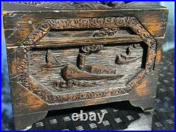 Rare Antique Folk Art Hand Carved Box Early Transportation Scenes