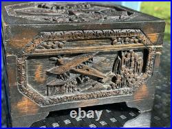 Rare Antique Folk Art Hand Carved Box Early Transportation Scenes