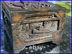 Rare Antique Folk Art Hand Carved Box Early Transportation Scenes