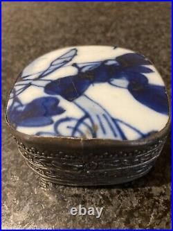 Rare Antique Hand Forged Metal Trinket Box With Delft or Flow Blue Pottery