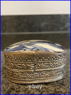 Rare Antique Hand Forged Metal Trinket Box With Delft or Flow Blue Pottery