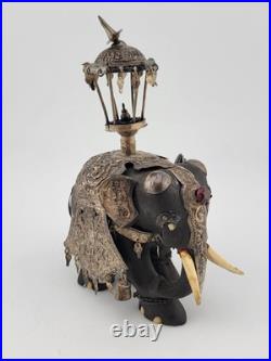 Rare Antique Indian Ebony Silver Overlay Jeweled Elephant W Real Ruby Stone
