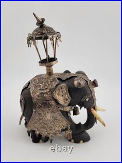 Rare Antique Indian Ebony Silver Overlay Jeweled Elephant W Real Ruby Stone