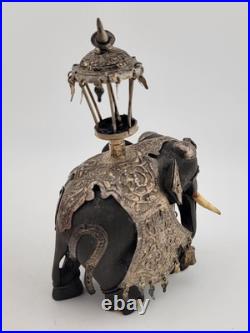 Rare Antique Indian Ebony Silver Overlay Jeweled Elephant W Real Ruby Stone