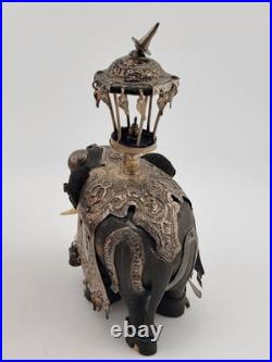 Rare Antique Indian Ebony Silver Overlay Jeweled Elephant W Real Ruby Stone
