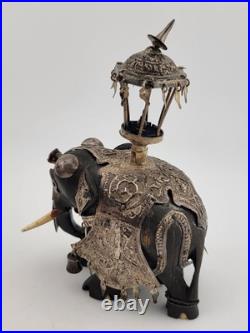 Rare Antique Indian Ebony Silver Overlay Jeweled Elephant W Real Ruby Stone