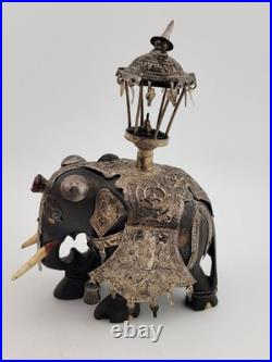 Rare Antique Indian Ebony Silver Overlay Jeweled Elephant W Real Ruby Stone