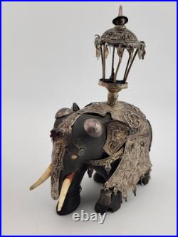Rare Antique Indian Ebony Silver Overlay Jeweled Elephant W Real Ruby Stone