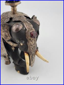 Rare Antique Indian Ebony Silver Overlay Jeweled Elephant W Real Ruby Stone