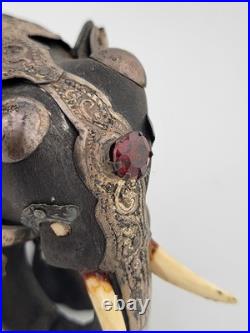Rare Antique Indian Ebony Silver Overlay Jeweled Elephant W Real Ruby Stone