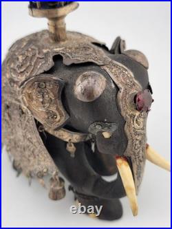 Rare Antique Indian Ebony Silver Overlay Jeweled Elephant W Real Ruby Stone