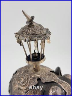 Rare Antique Indian Ebony Silver Overlay Jeweled Elephant W Real Ruby Stone