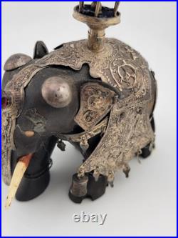Rare Antique Indian Ebony Silver Overlay Jeweled Elephant W Real Ruby Stone