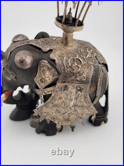 Rare Antique Indian Ebony Silver Overlay Jeweled Elephant W Real Ruby Stone