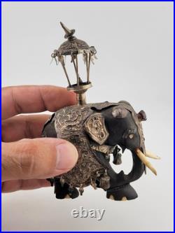 Rare Antique Indian Ebony Silver Overlay Jeweled Elephant W Real Ruby Stone