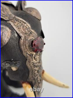 Rare Antique Indian Ebony Silver Overlay Jeweled Elephant W Real Ruby Stone