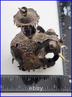 Rare Antique Indian Ebony Silver Overlay Jeweled Elephant W Real Ruby Stone